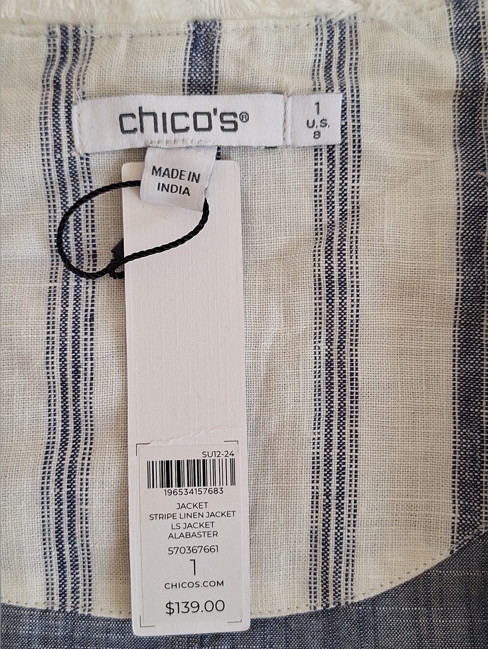 NWT Chico's White and Blue Striped Cropped Blazer - Picture 8 of 11